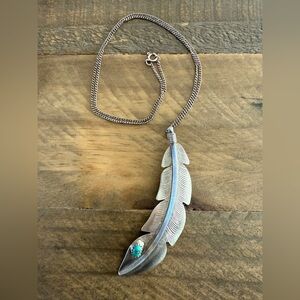 Native Sterling Silver Feather Turquoise Pendant by Navajo Artist Billy Long